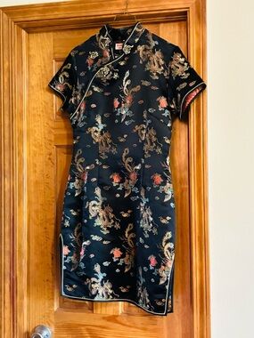 Golden Elephant Black Dragon Floral Brocade Mandarin Collar Dress